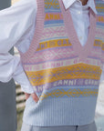 Ganni Graphic Multicolor V-Neck Wool Knit Vest K1758