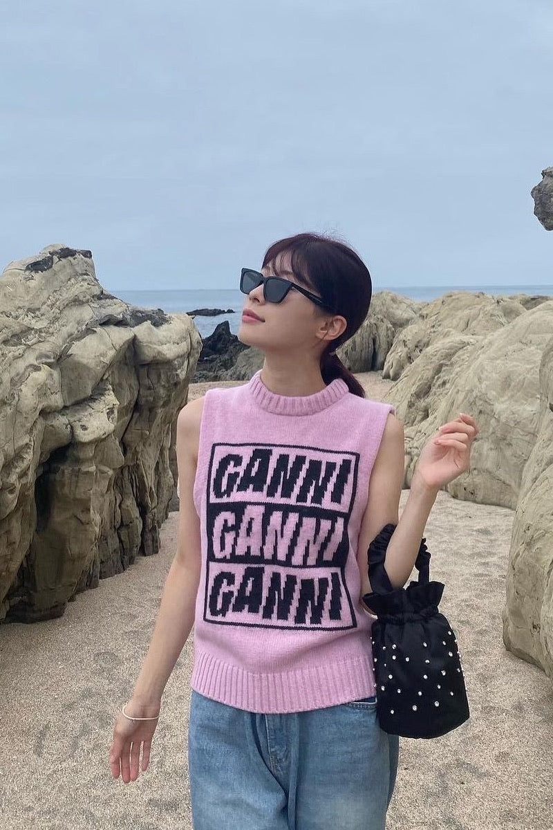 Ganni Logo Wool Pink Knit Vest K1762