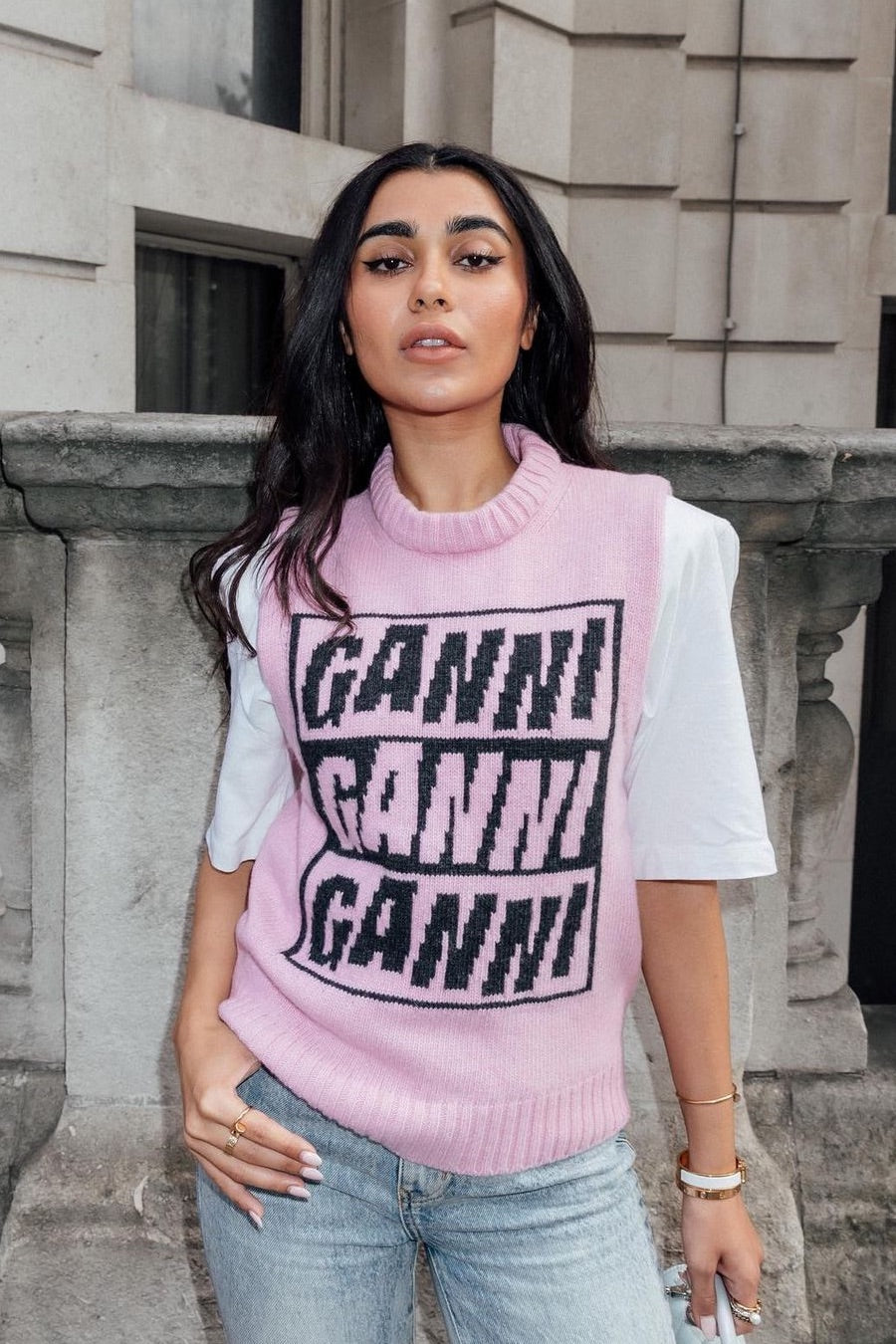 Ganni Logo Wool Pink Knit Vest K1762