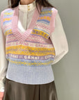 Ganni Graphic Multicolor V-Neck Wool Knit Vest K1758