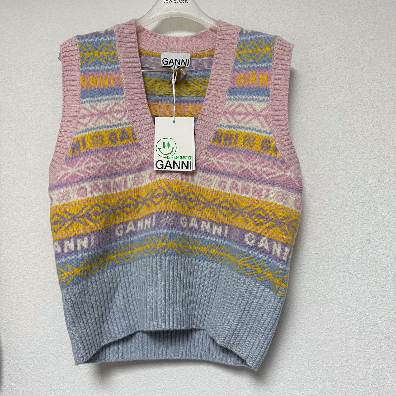 Ganni Graphic Multicolor V-Neck Wool Knit Vest K1758 – OnlyaFew